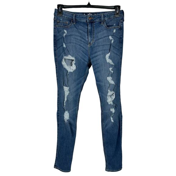 Hollister SZ 11R Hi-Rise Super Skinny Jeans Distressed Stretch Chewed Hems Blue - Picture 1 of 11